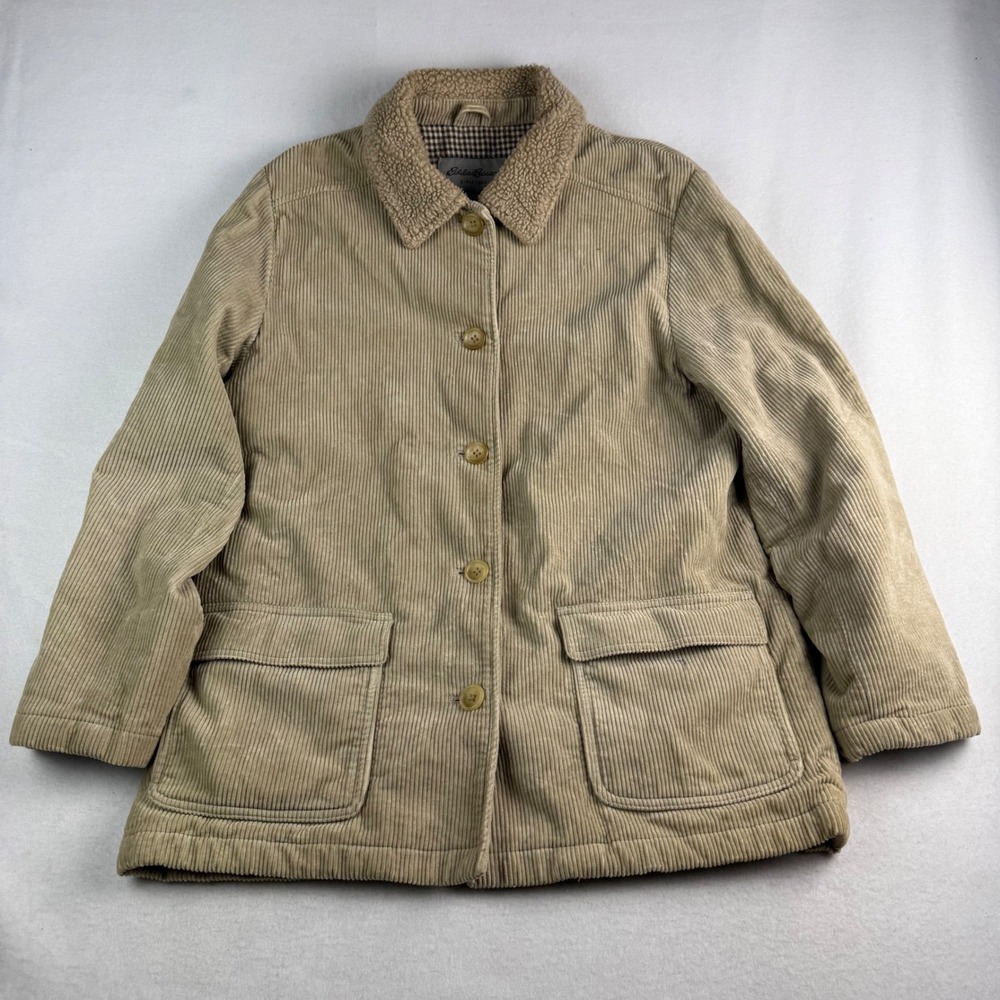 Eddie Bauer Womens Tan Corduroy Barn Jacket Sherpa Collar Houndstooth Lining M